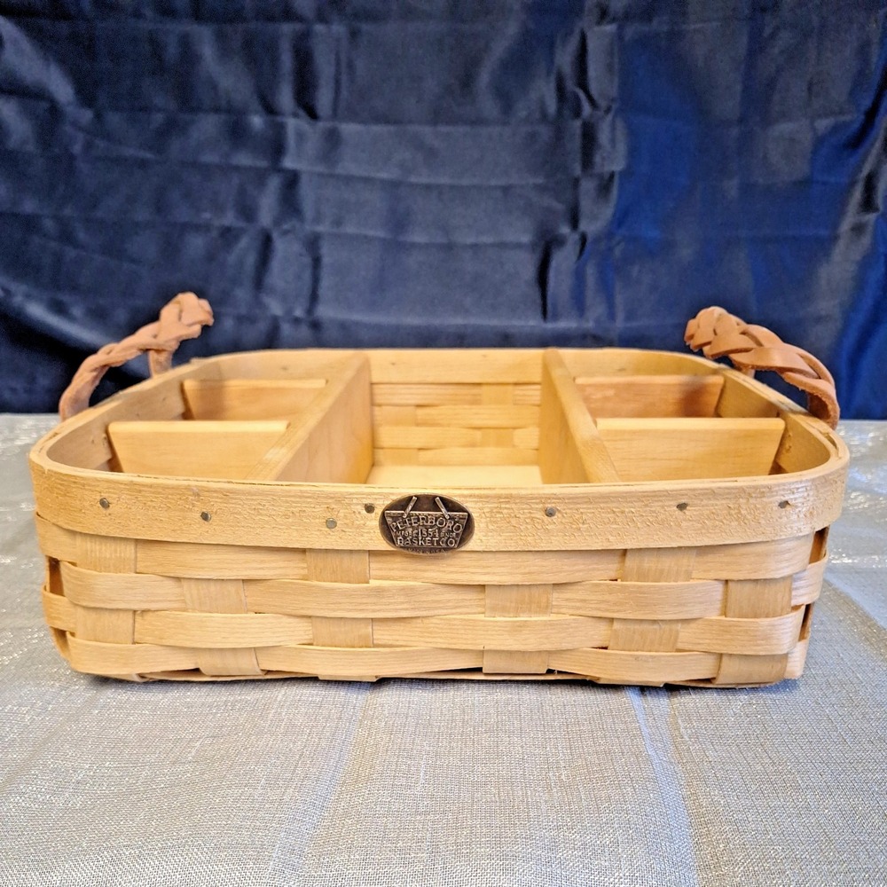 Peterboro Basket Co. 14" x 14" x 4" Buffet w Wood Divider Insert Leather Handles